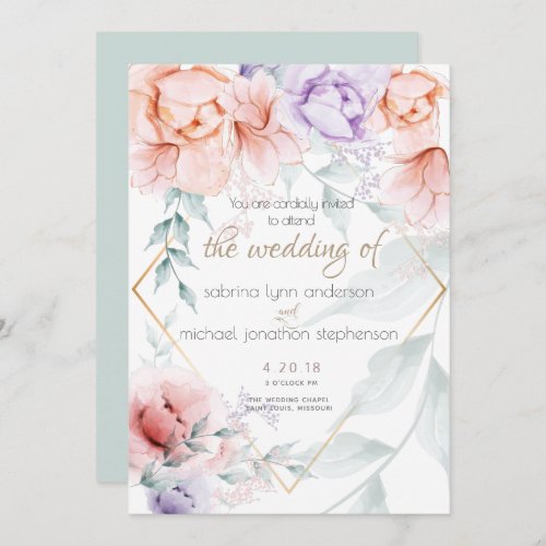 Wedding Chic Trendy Coral and Lilac Aquarelle Invitation