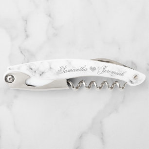 Wedding Chic White Marble Diamond Heart Monogram Waiter's Corkscrew