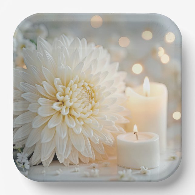 Wedding Chrysanthemum Flower and Candles Paper Plates (Front)