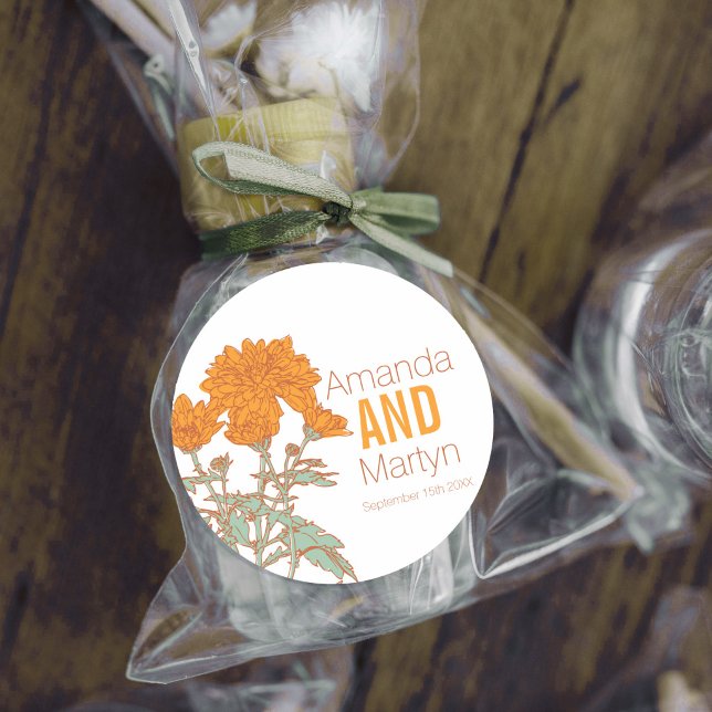 Wedding chrysanthemum orange fall wedding invites classic round sticker (Creator Uploaded)