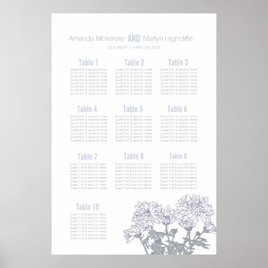 Wedding chrysanthemum white drawn art table plan poster