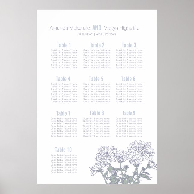 Wedding chrysanthemum white drawn art table plan poster (Front)
