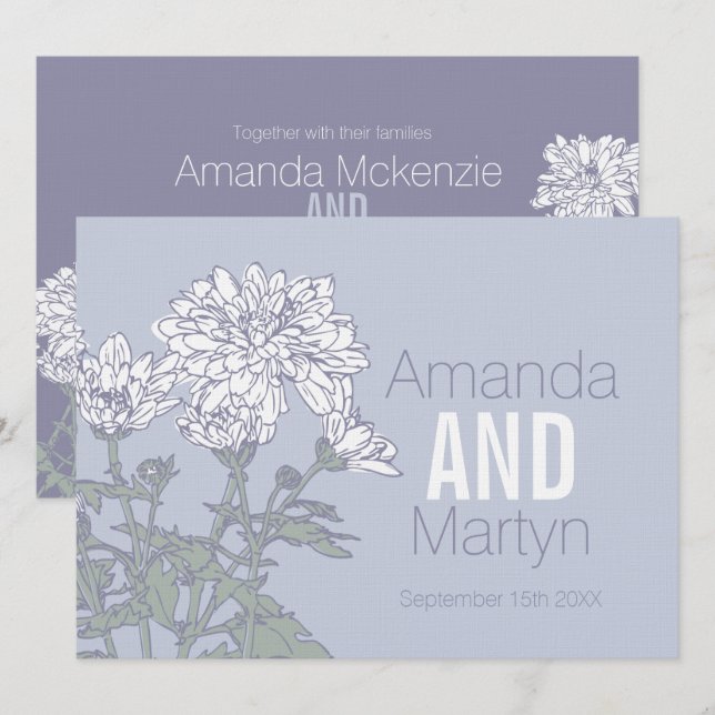 Wedding chrysanthemum white flower on gray wedding invitation (Front/Back)