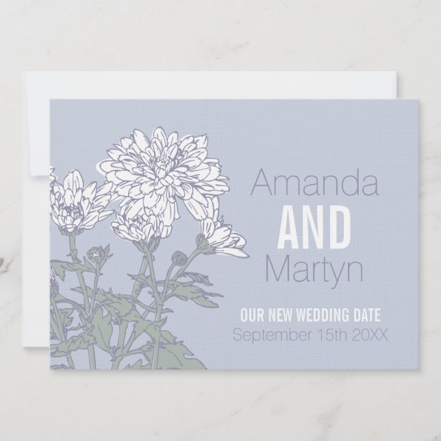 Wedding chrysanthemum white gray rescheduled invitation (Front)