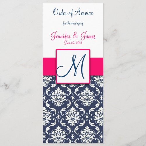 Wedding Church Program Hot Pink Navy Blue Damask