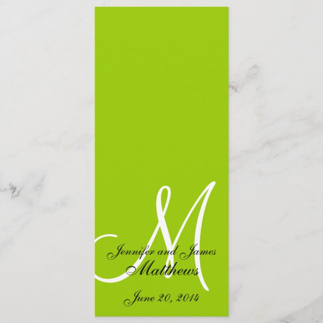 Wedding Church Program Monogram Apple Green White (Front)