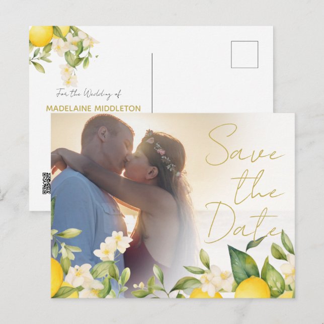 Wedding Citrus Lemons Photo Overlay Save The Date Announcement Postcard (Front/Back)