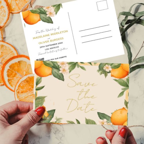 Wedding Citrus Oranges Overlay Save The Date Announcement Postcard