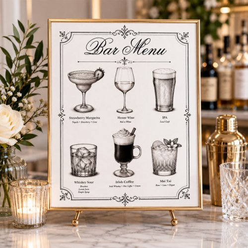 Wedding Classic Calligraphy Cocktail Bar Menu Poster