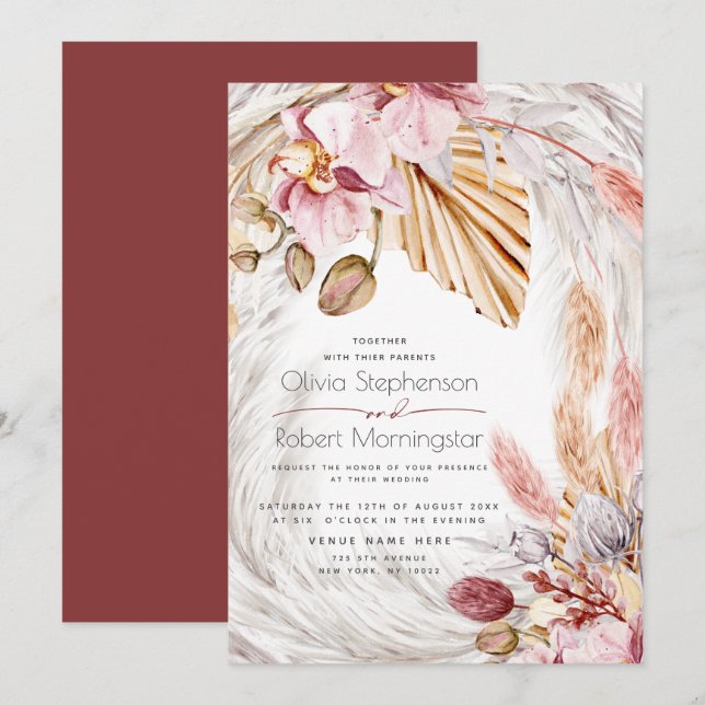 Wedding | Coastal Ivory Pampas Grass Pink Orchids  Invitation (Front/Back)