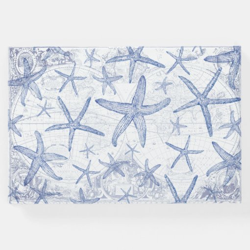 Wedding Coastal Star Fish Blue and White Monogram Guest Book | Zazzle