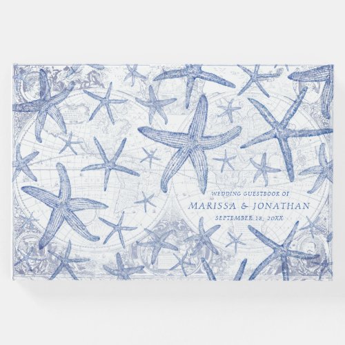 Wedding Coastal Star Fish Blue and White Monogram Guest Book