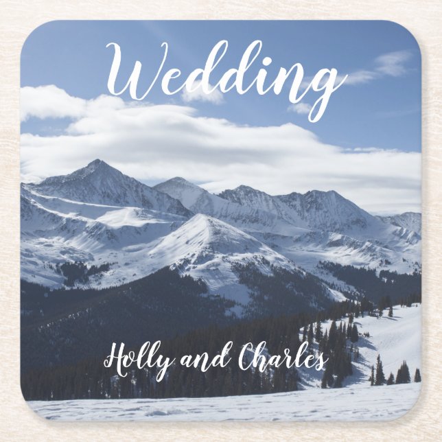 Wedding Coaster. Atmospheric Snowy Mountains Square Paper Coaster (Front)