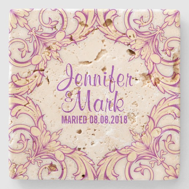 Wedding Coaster Beige & Purple Floral Frame (Front)