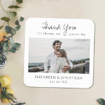 Wedding Coaster Favor with Photo<br><div class="desc">This simply chic wedding coaster features words of thanks above your favorite photo and your first names and date below it. We've chosen a warm, modern script for 'Thank You' and added 'for sharing our special day' underneath, with that line separated by the the loop of the 'Y', enhancing its...</div>