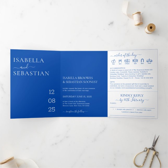 Wedding Cobalt Blue All in one set kindly reply Tri-Fold Invitation (Inside)