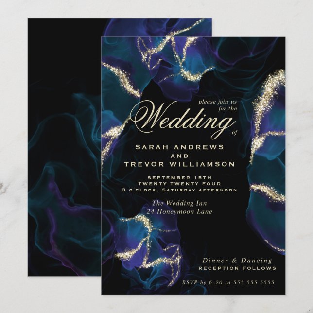 Wedding |  Cobalt Blue Purple Alcohol Ink Invitation (Front/Back)