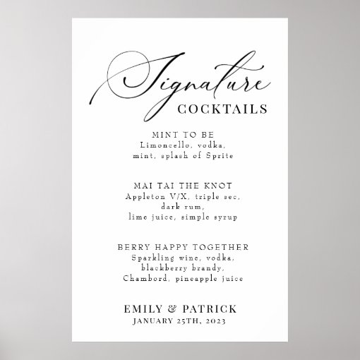 Wedding Cocktail Bar Menu Elegant Modern Poster | Zazzle