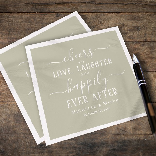 Wedding Cocktail Cheers Typography Sage Green Napkins (Sage Green typography style wedding cocktail napkin)