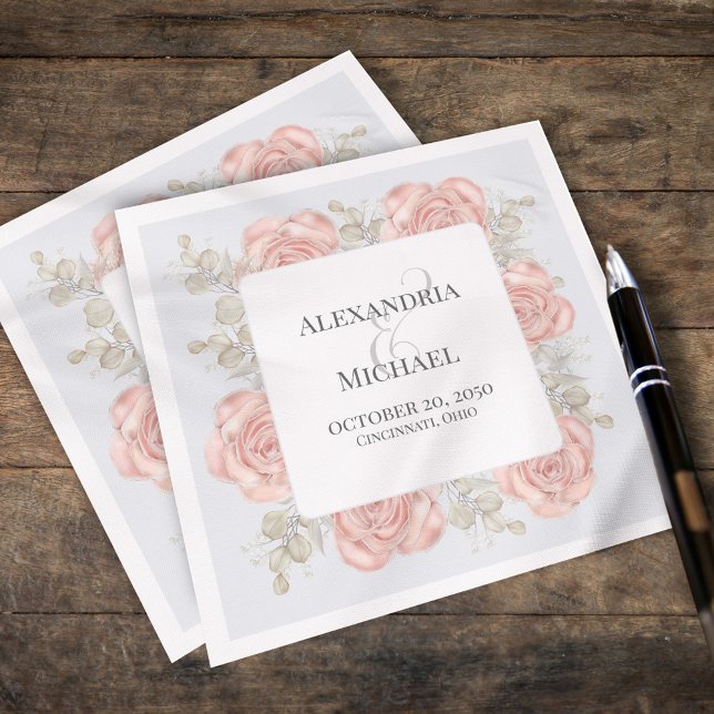 Wedding Cocktail Personalized Elegant Boho  Napkins (Custom wedding napkin with elegant blush pink roses and foliage. )