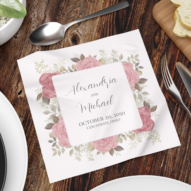 Wedding Cocktail Personalized Elegant Burgundy Napkins (Custom wedding napkin with elegant blush pink roses and foliage. )