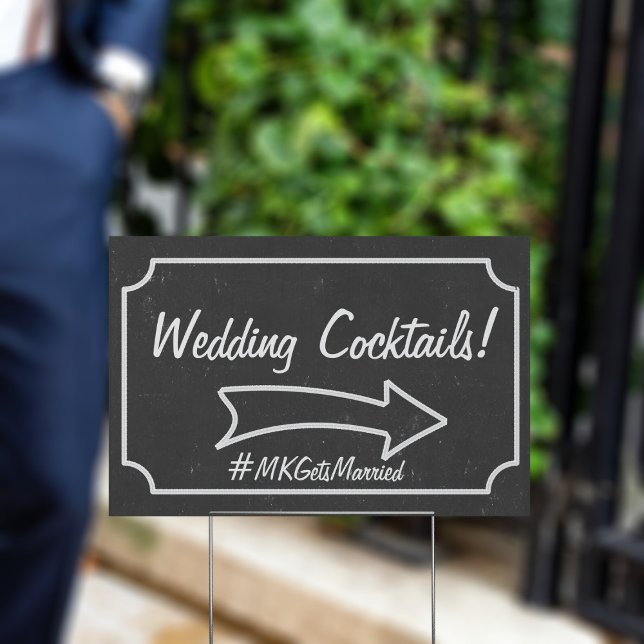 Wedding Cocktails This Way Faux Chalkboard Sign (Double sided wedding sign pointing to the cocktails with space for your hashtag or names)