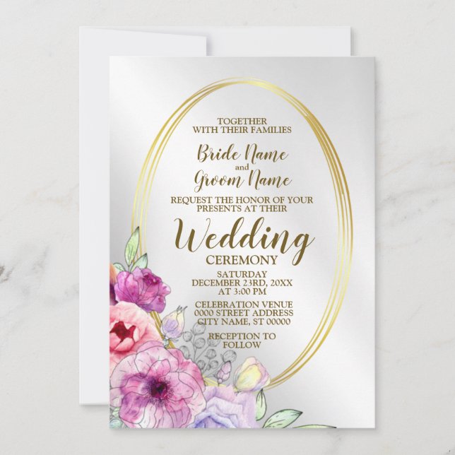 Wedding Colorful Pink Floral Golden Frame Elegant Invitation (Front)