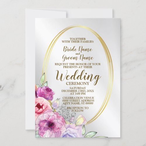 Wedding Colorful Pink Floral Golden Frame Elegant Invitation