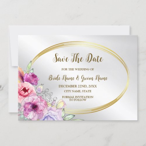 WeddingColorful Pink Floral Golden Frame Elegant Save The Date