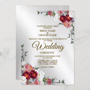 Wedding Colorful Red White Floral Silver Elegant Invitation