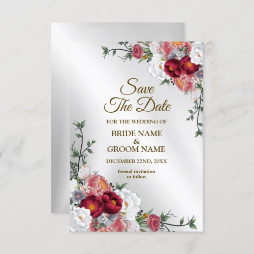 Wedding Colorful Red White Floral Silver Elegant Save The Date