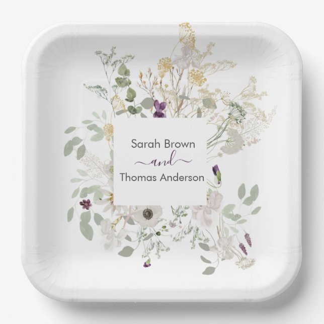 Wedding COLOURFUL WILDFLOWER YELLOW AND  PURPLE Paper Plates (Front)