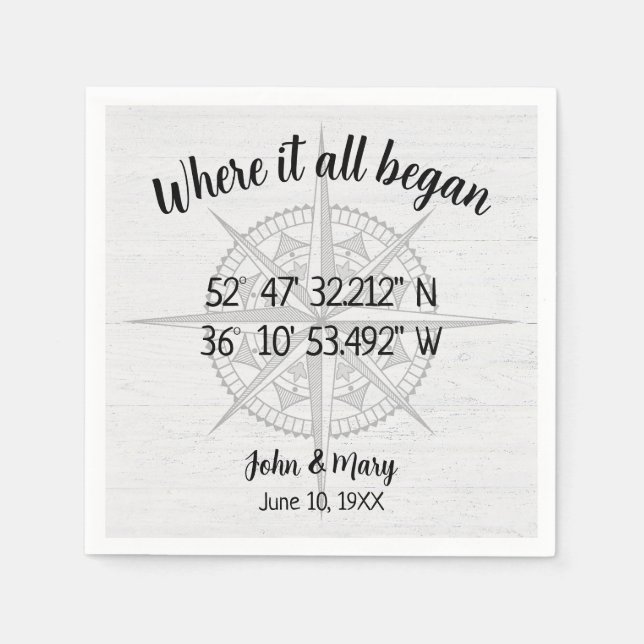 Wedding Compass GPS Coordinates  Napkins (Front)