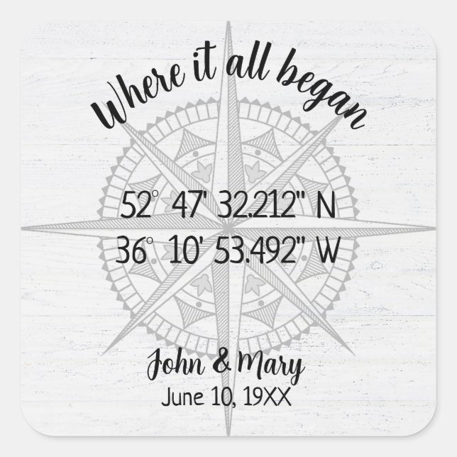Wedding Compass GPS Coordinates  Square Sticker (Front)
