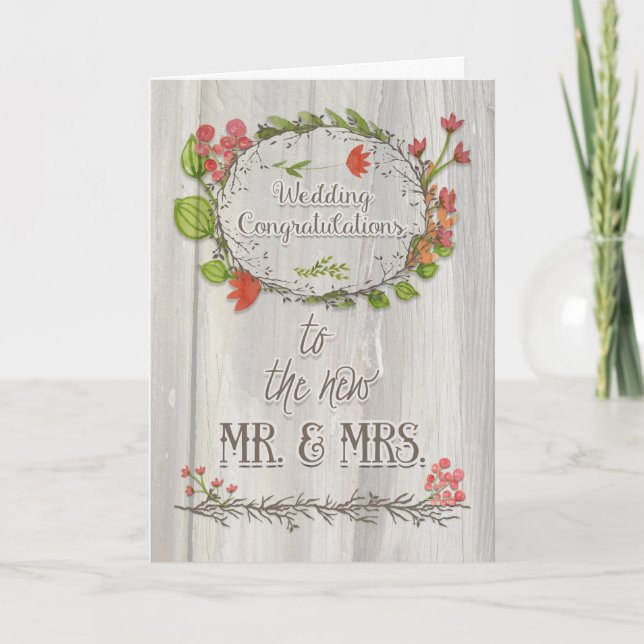 Wedding Congratulations Rustic Flowers and Wreath Card (Front)