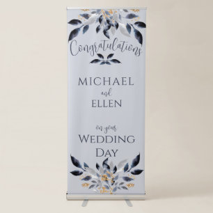 Wedding Congratulations Sign Blue Leaves and Gold 