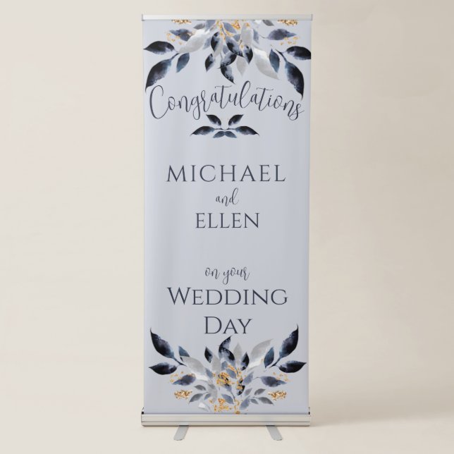 Wedding Congratulations Sign Blue Leaves and Gold  (Front)