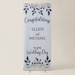 Wedding Congratulations Sign Blue Leaves and Gold 