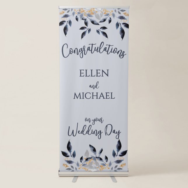Wedding Congratulations Sign Blue Leaves and Gold  (Front)