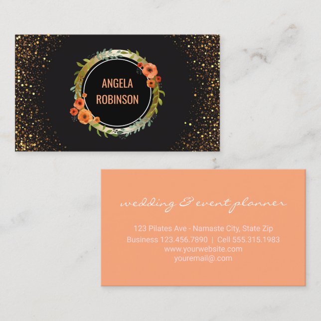Wedding Consultant | Chic Floral Gold Glitter Business Card (Front/Back)