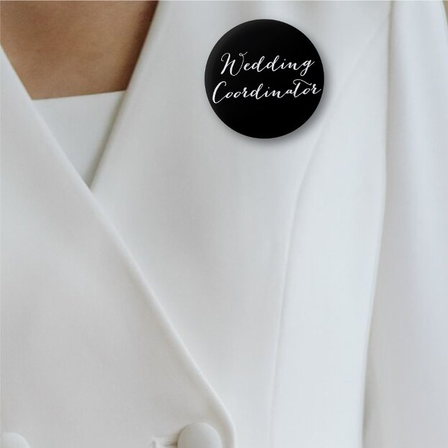 Wedding Coordinator Classic Script Bridal Party Button ('Wedding Coordinator' B&W Simple Classic Script Calligraphy Pinback Button @ fatfaton_blue_knot)