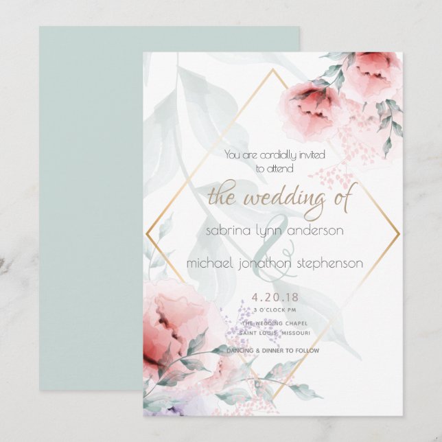 Wedding | Coral and Lilac Aquarelle Peonies Invitation (Front/Back)