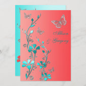 Wedding | Coral Aqua Gray | Floral | Butterflies Invitation (Front/Back)
