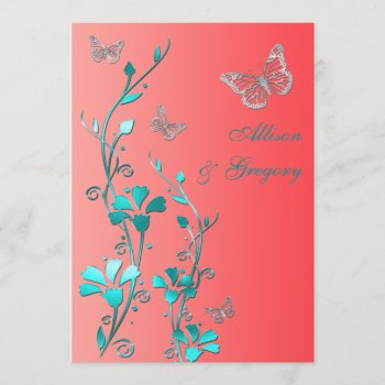 Wedding | Coral Aqua Gray | Floral | Butterflies Invitation by NiteOwlStudio at Zazzle