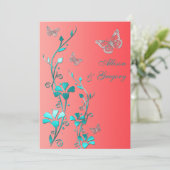 Wedding | Coral Aqua Gray | Floral | Butterflies Invitation (Standing Front)