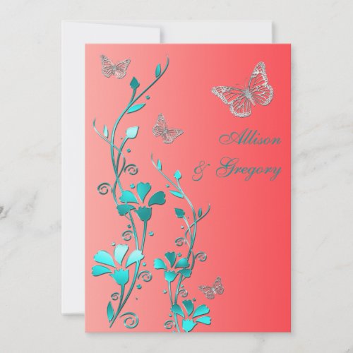 Wedding  Coral Aqua Gray  Floral  Butterflies Invitation