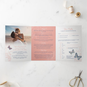 Wedding coral blue butterflies all-in-one Tri-Fold invitation