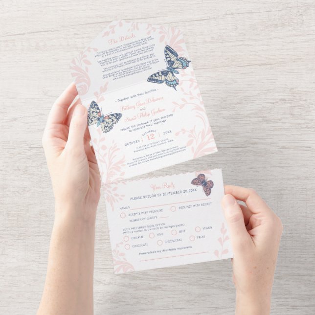 Wedding coral butterflies details & meal RSVP All In One Invitation (Tearaway)