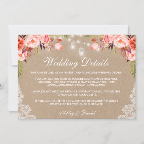 Wedding Coral Jar Lights Lace Details Kraft Insert Card