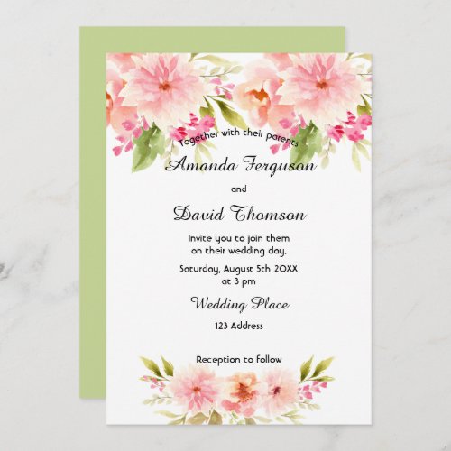 Wedding coral peach dahlia flowers on white invitation